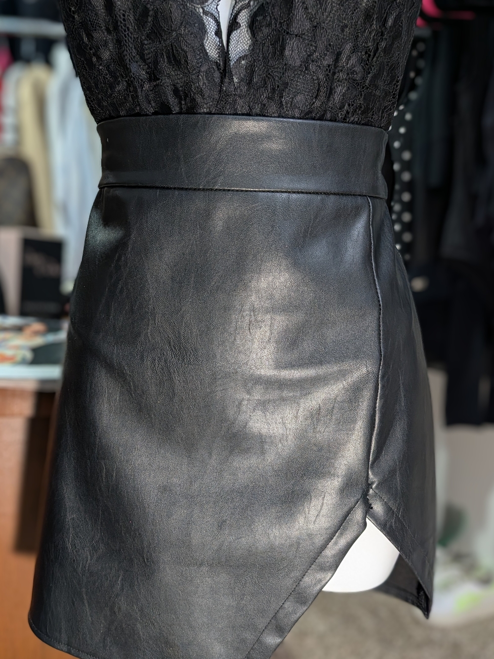 Women's Black Faux Leather Asymmetrical Mini Skirt